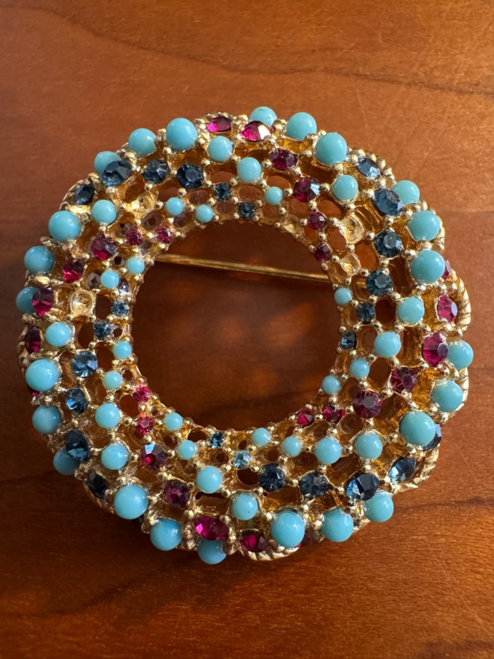 Gold-Tone Turquoise, Blue & Pink Crystal Wreath Brooch, Vintage, Signed, READ